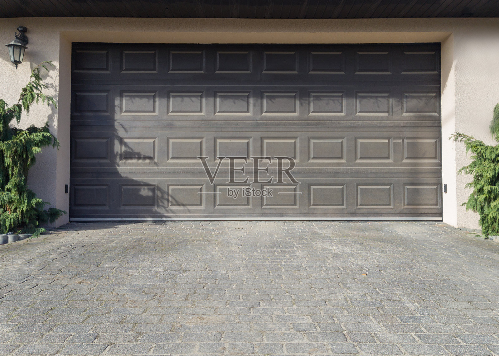 现代车库门与铺砌车道照片摄影图片