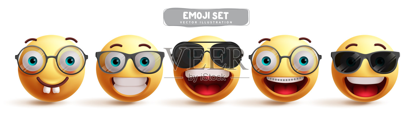 表情符号酷角色表情图标矢量集合。3D表情角色如快乐、有趣、愉快、欢快、微笑并戴着太阳镜。插画图片素材
