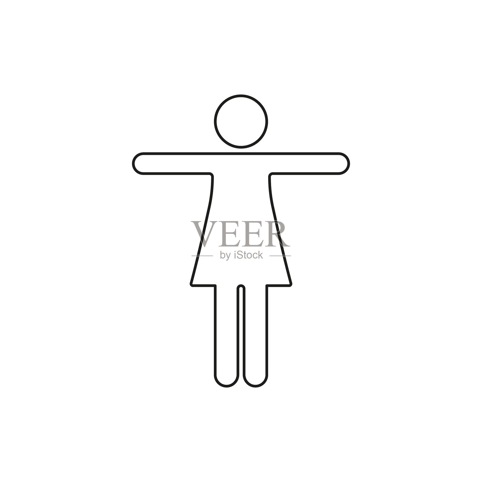 站立的人体线条图标。伸展双臂的女性姿势轮廓符号。可编辑的线条。孤立的矢量插图。插画图片素材