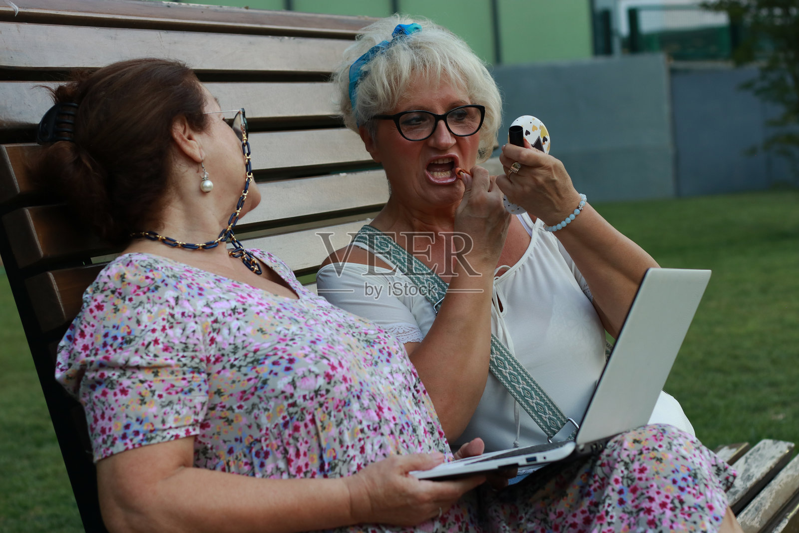 一对老年夫妇在公园里使用科技设备照片摄影图片