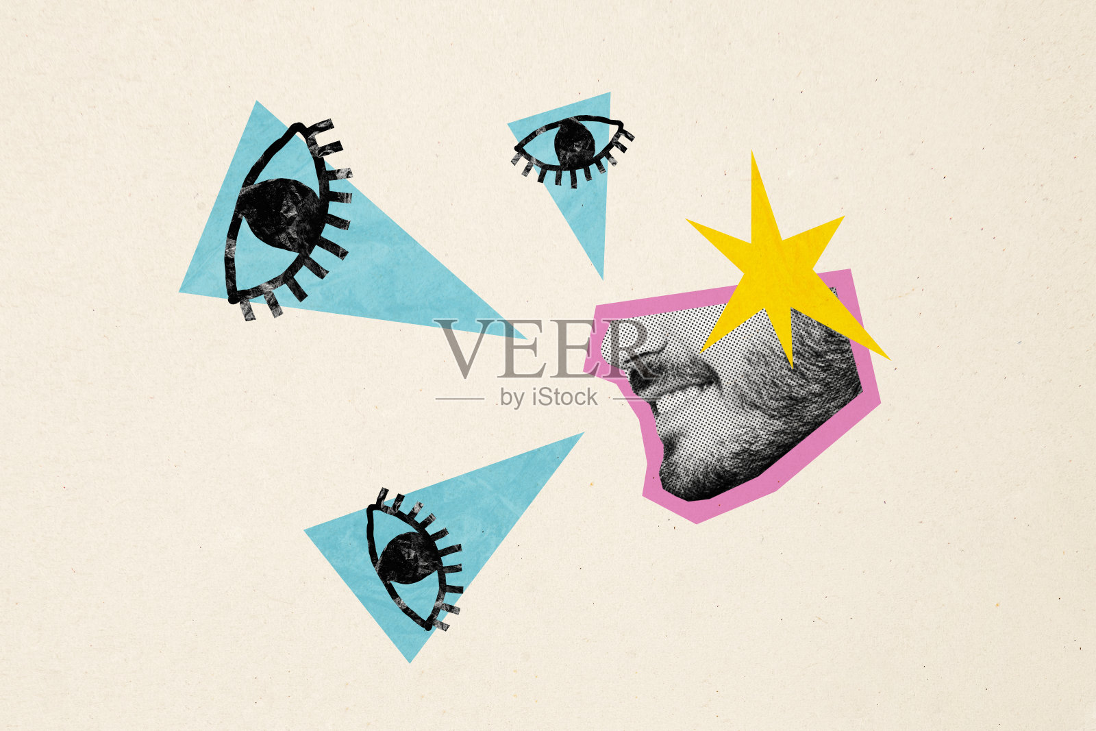 合成艺术素描图像拼贴,描绘了半边脸的卡通肖像,年轻男子的半边脸,留着胡须,微笑着,眼睛注视着朋友,背景有星星。照片摄影图片