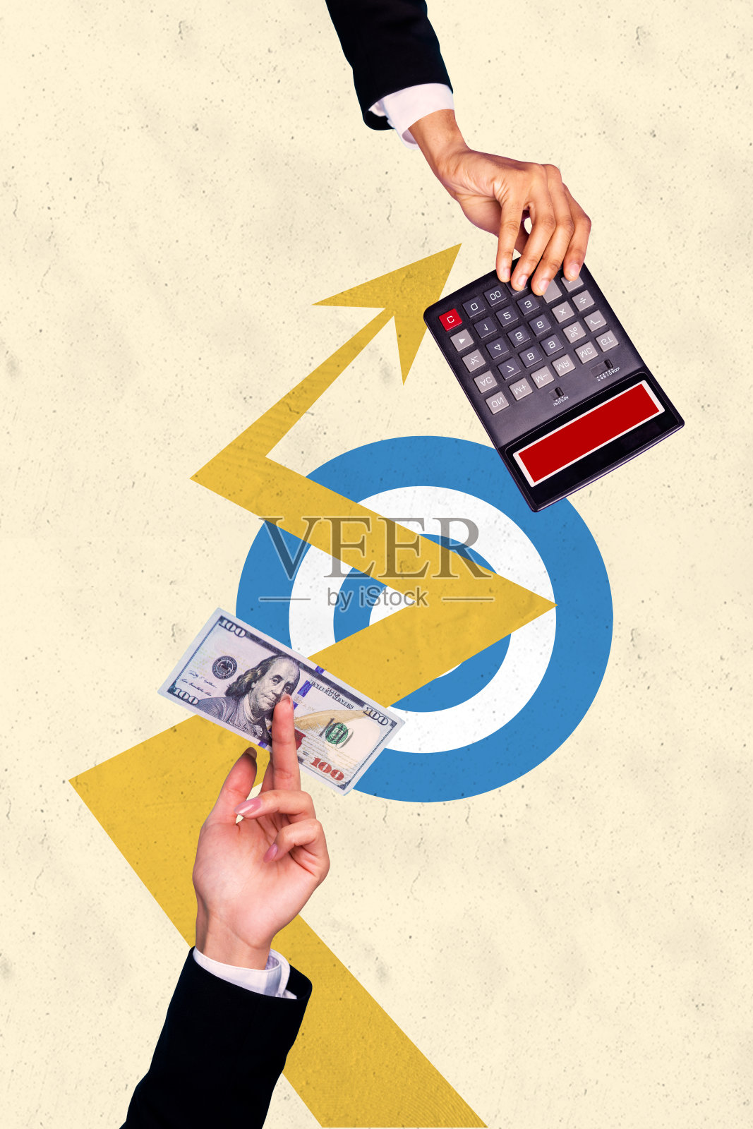 交易员商业富裕收入的复合趋势艺术照片拼贴,图形箭头向上,手持金钱,目标,计算器,经济。照片摄影图片