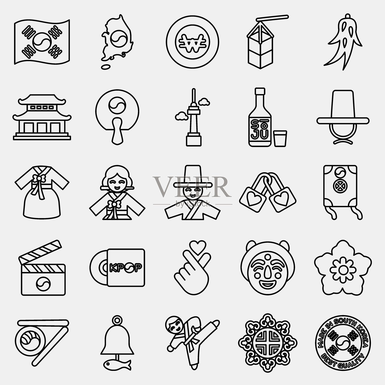 韩国图标集。韩国元素。线条风格的图标。适合用于印刷、海报、标志、广告、信息图表等。插画图片素材