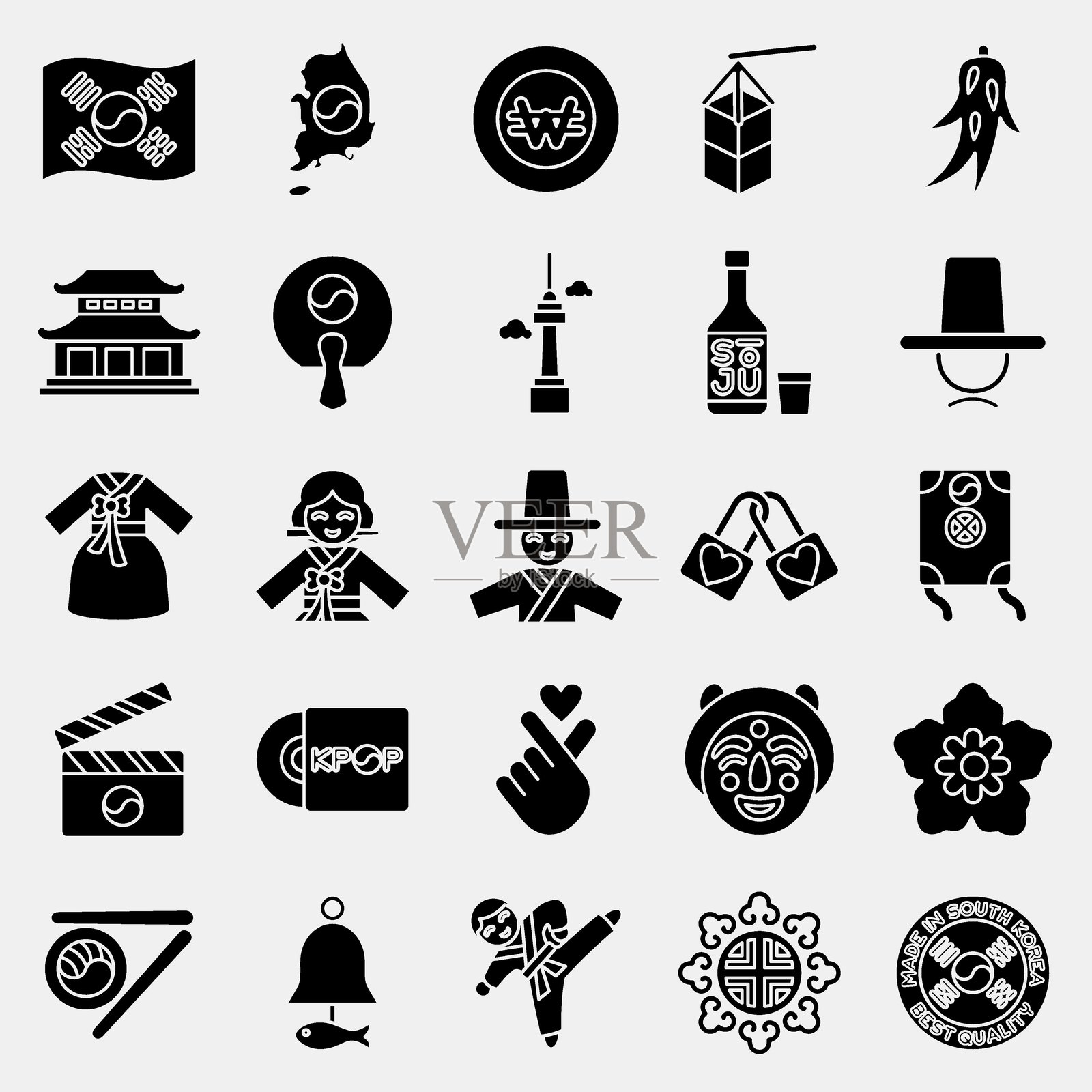 韩国图标集。韩国元素。图标采用图形风格。适合用于印刷、海报、标志、广告、信息图表等。插画图片素材