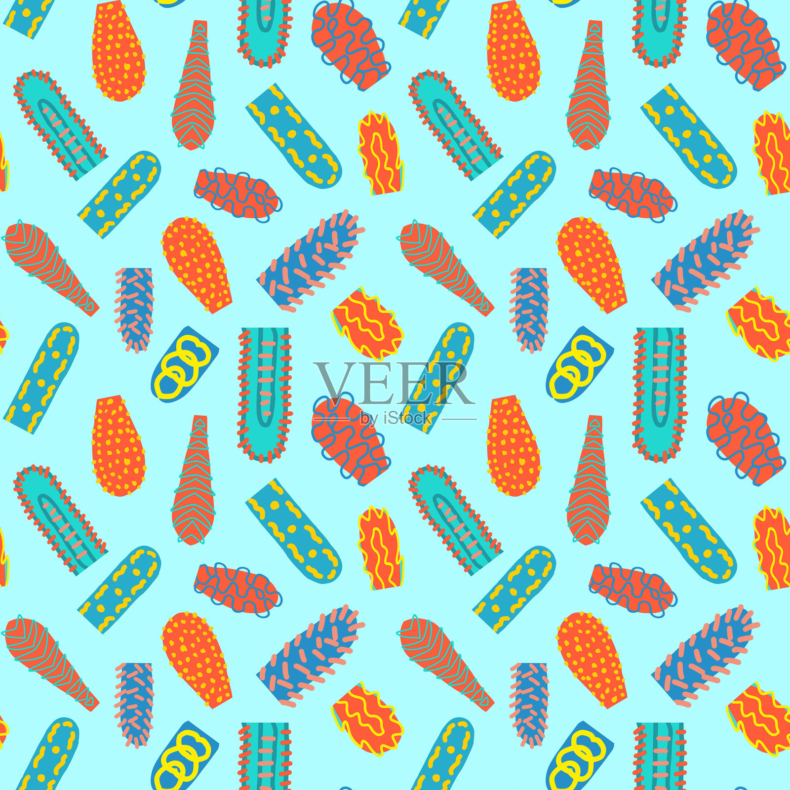 蓝色背景上的彩色抽象风格元素无缝图案。细菌、病毒、柱子、仙人掌、钟乳石的概念。适用于纺织品、包装纸和创意项目的有趣设计。插画图片素材