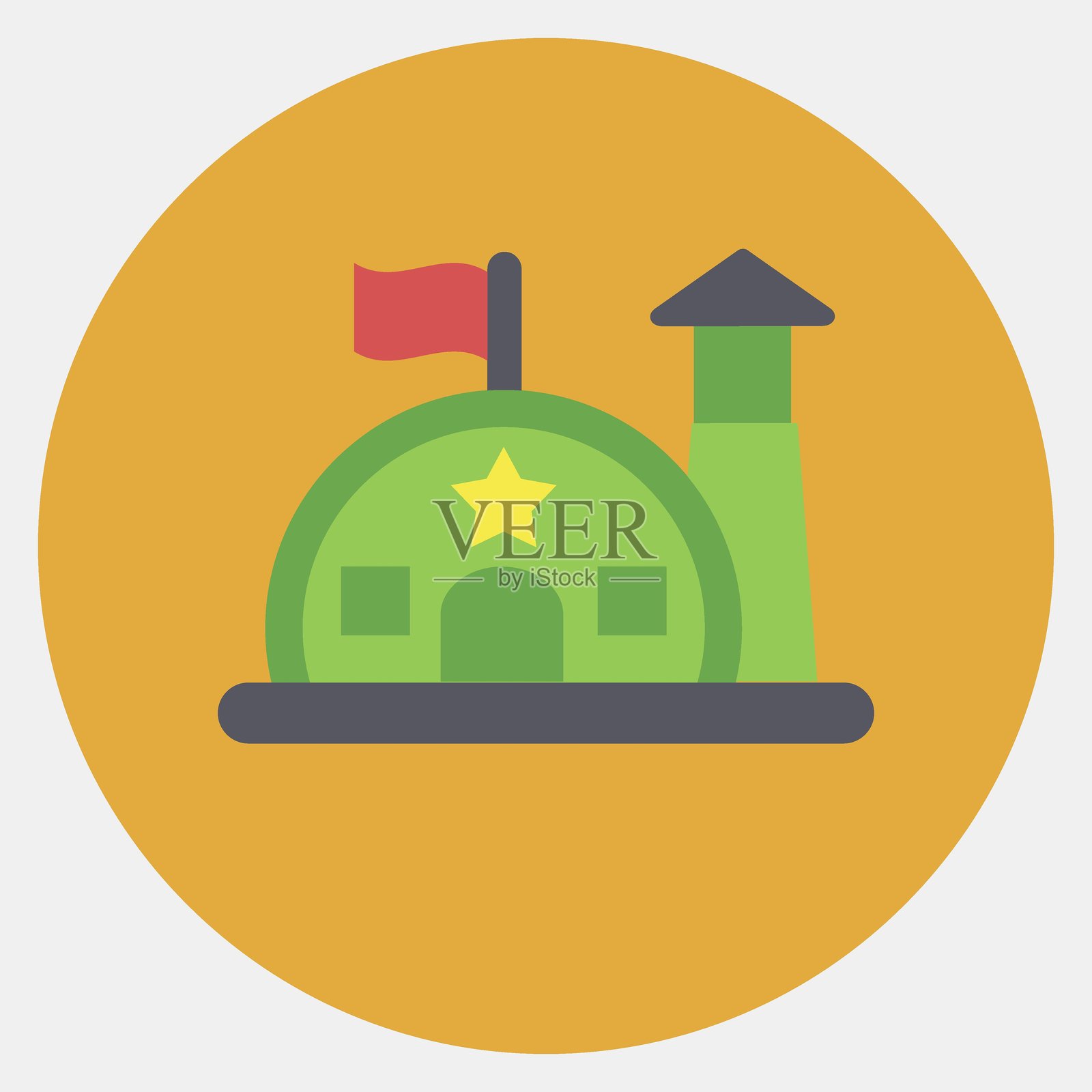 军事基地图标。建筑元素。彩色哑光风格的图标。适合用于印刷、网页、海报、标志、场地规划、地图、信息图表等。插画图片素材