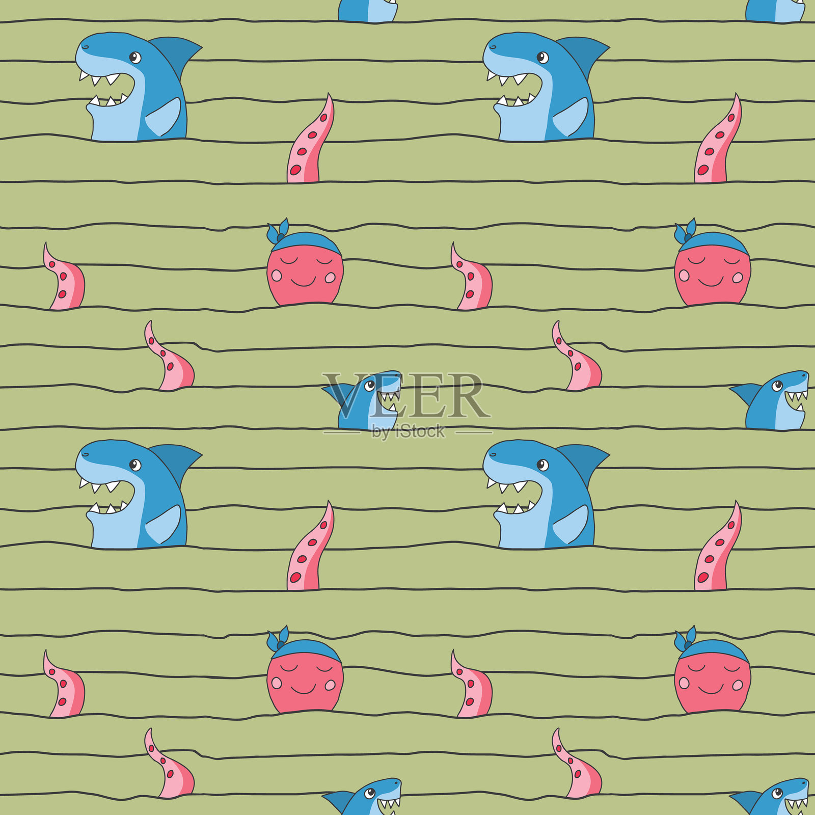 可爱的鲨鱼和克拉肯无缝图案。卡通海洋动物和鱼的背景。矢量插图插画图片素材