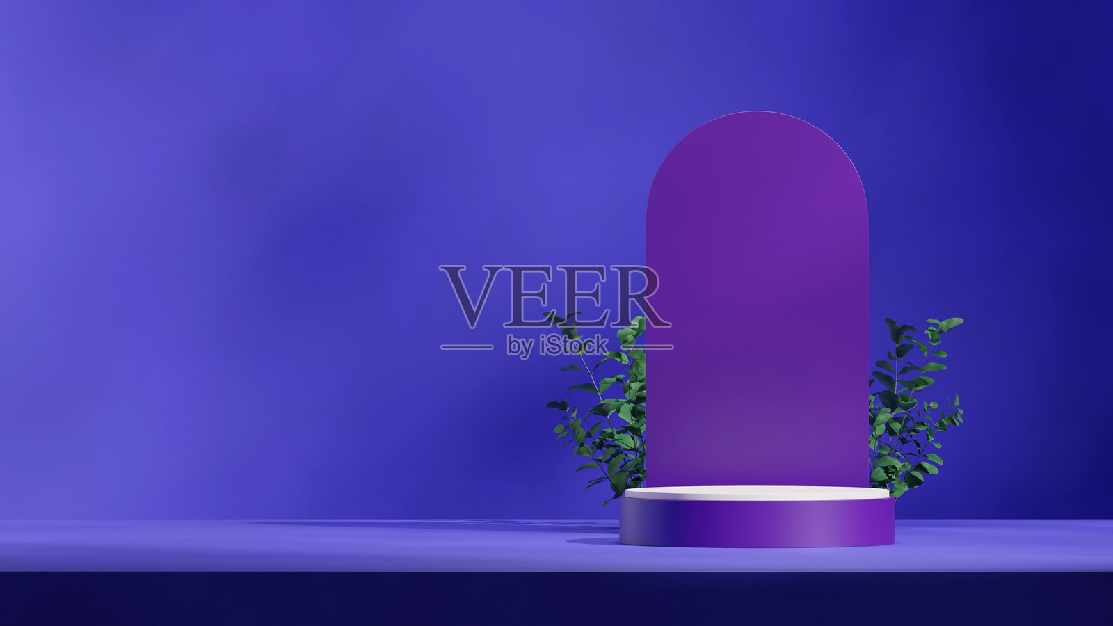 在风景拱门背景下,渲染3D空白模型紫色曲面圆柱展台照片摄影图片