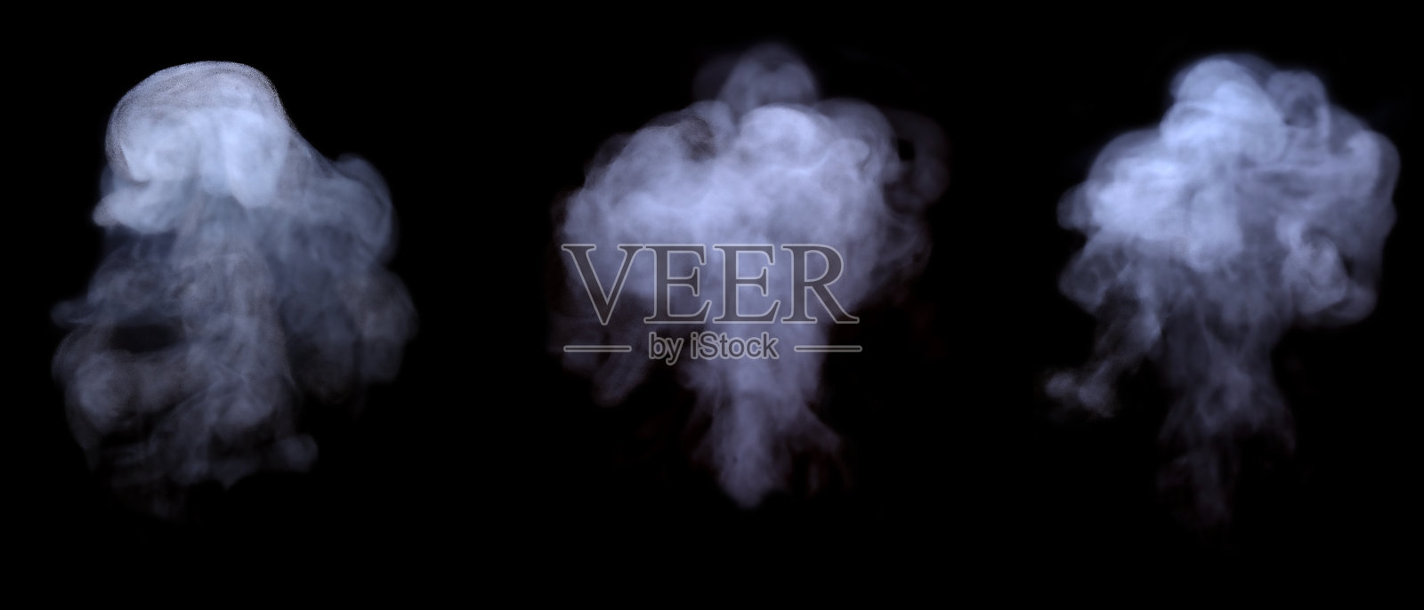 黑色背景上的孤立白色雾气或烟雾效果。白色云朵。雾或烟雾背景。蒸汽。展示各种烟雾纹理和密度的插图。照片摄影图片