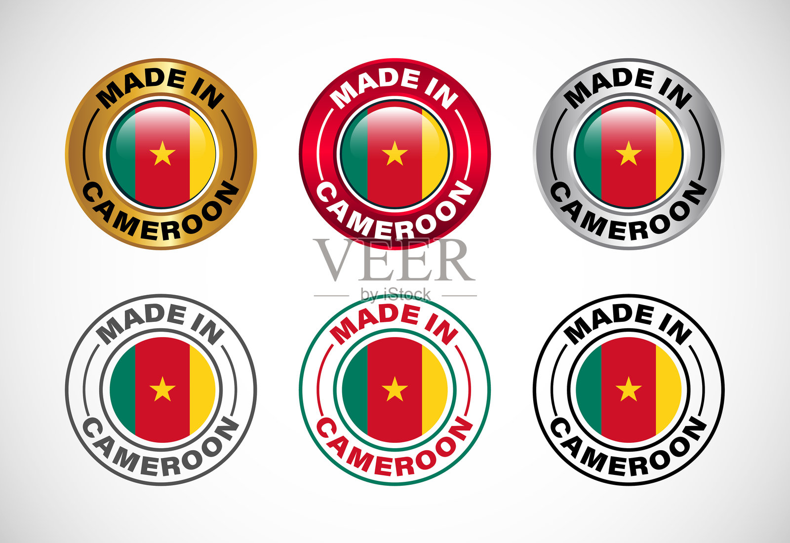 带有国旗的喀麦隆制造标签图标。适用于商业、徽章、印章、贴纸、标志和符号的图标集。插画图片素材
