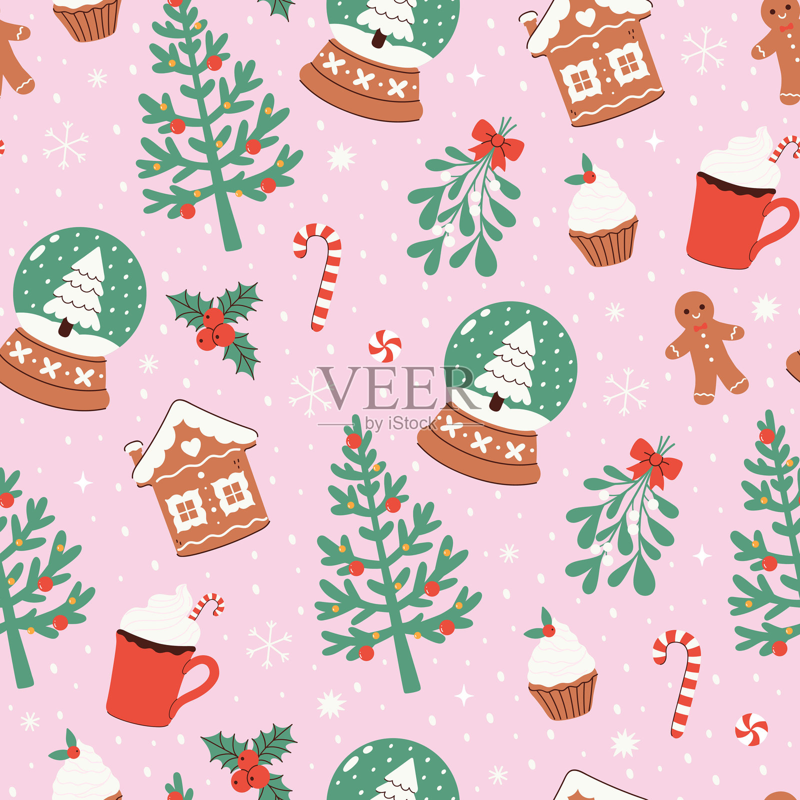 无缝圣诞冬季图案,包含不同元素。矢量图形。插画图片素材