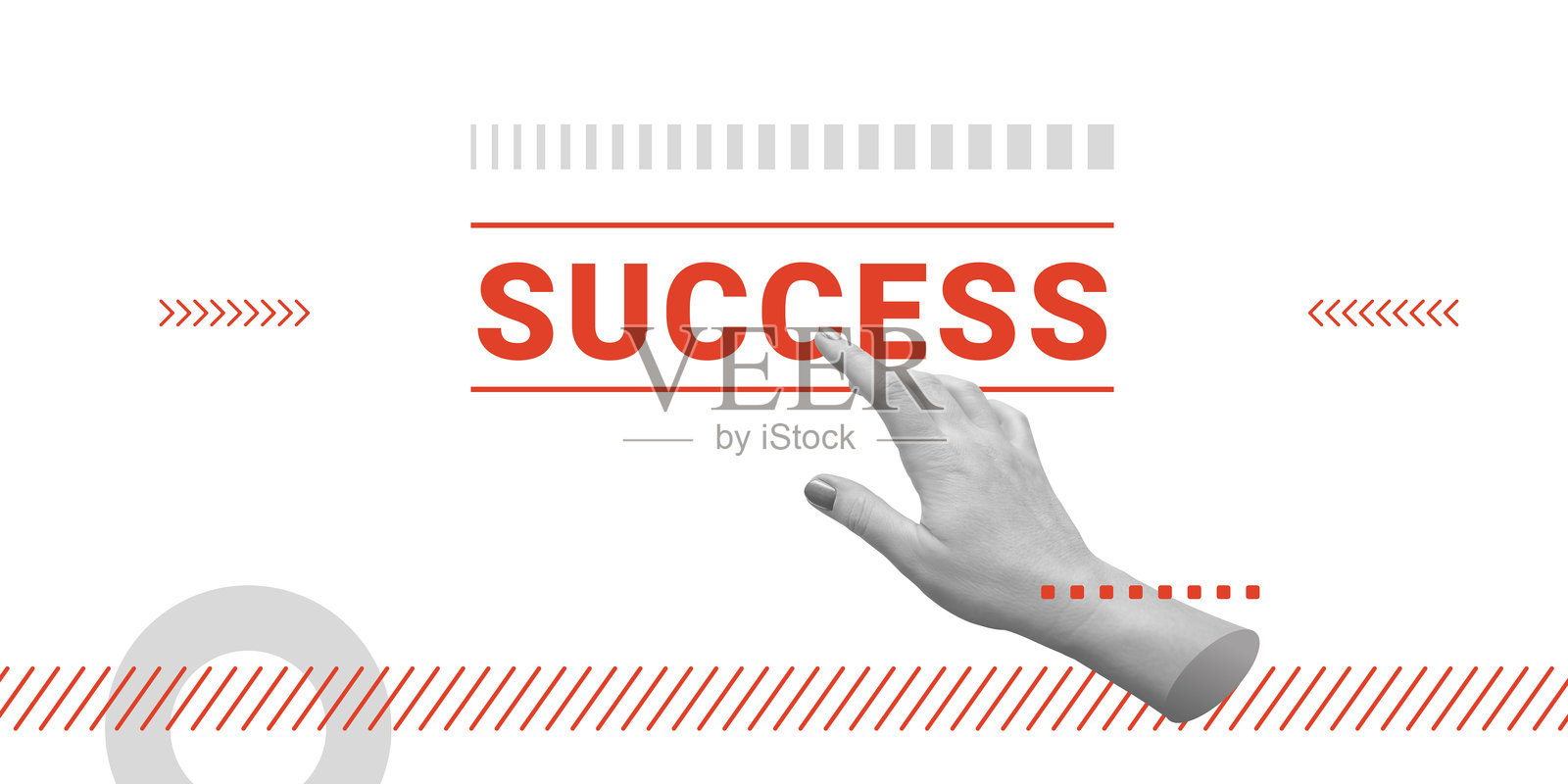 成功、进步与成就的概念。手指选择红色的“成功”字样,现代设计元素如箭头和线条。极简艺术拼贴。照片摄影图片