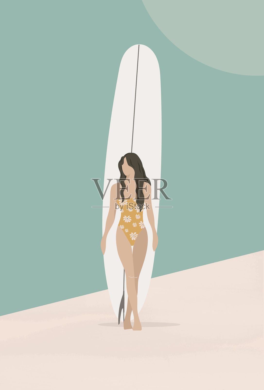冲浪女孩手持长板冲浪板,平面设计插画图片素材