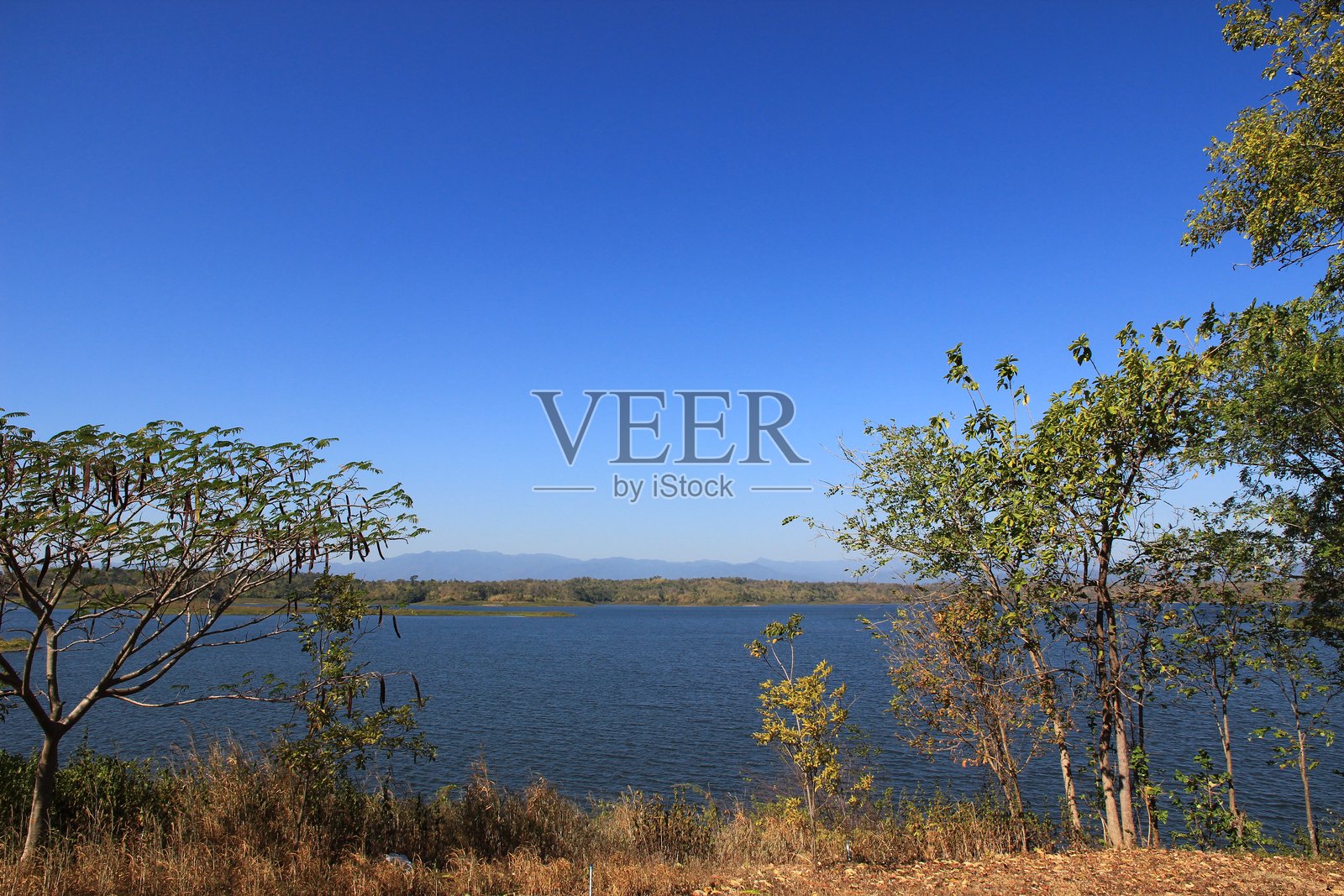 自然旅游景点,背景有大河、树木和明亮的天空。照片摄影图片