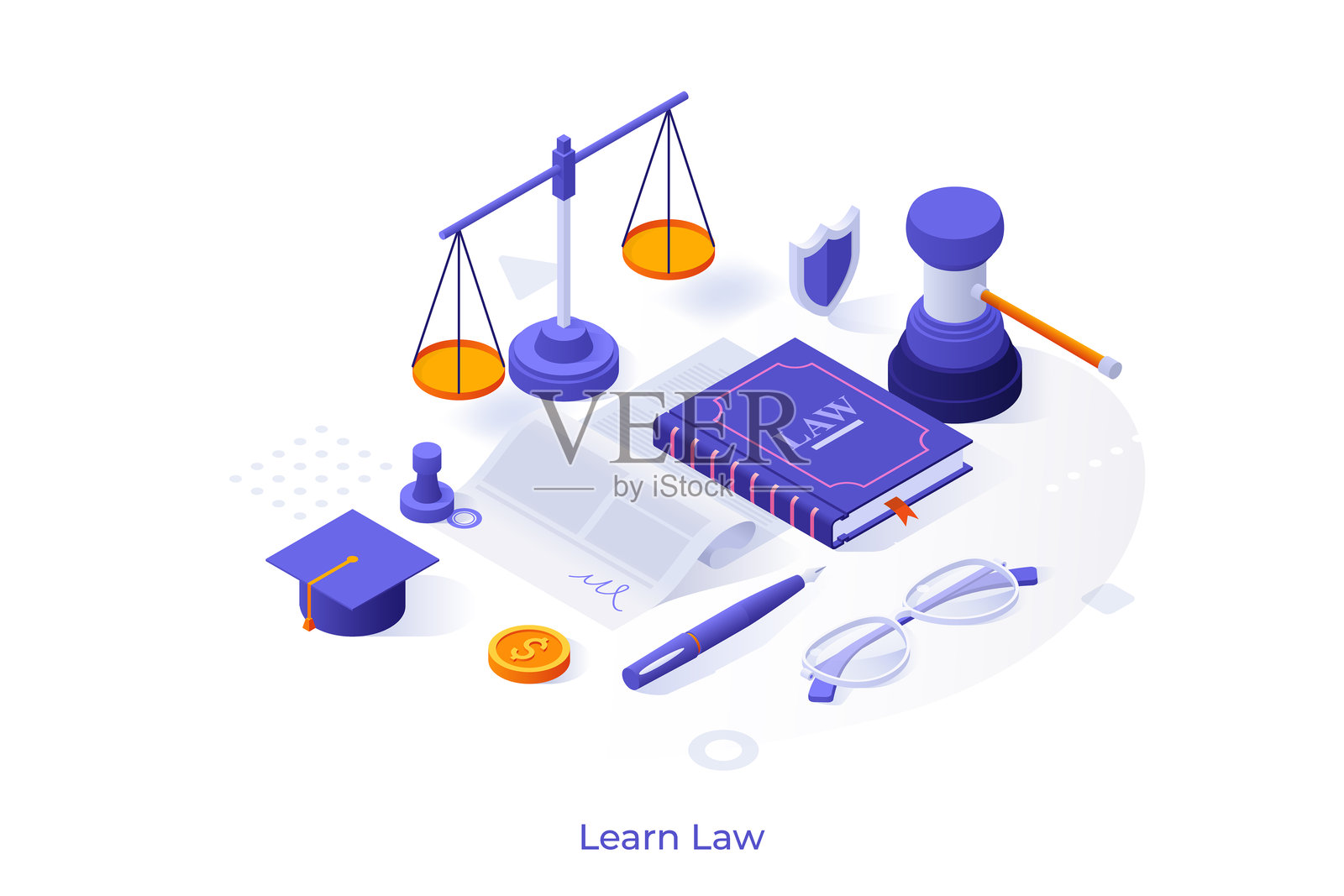 概念模板,包含书籍、天平、文件、法槌和毕业帽。用于学习法律、研究法理学和法律保护课程的场景。现代等距矢量插图,适用于网站。插画图片素材