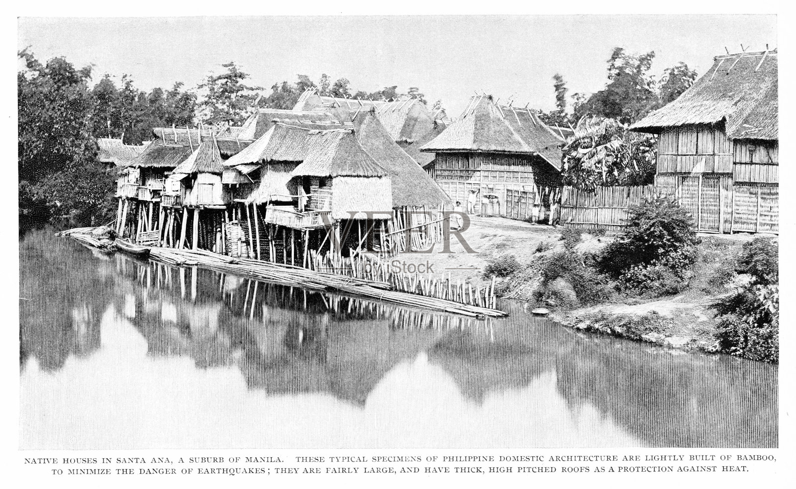 菲律宾马尼拉帕赛河旁的竹子和茅草屋,西班牙美洲战争,19世纪世界历史照片摄影图片