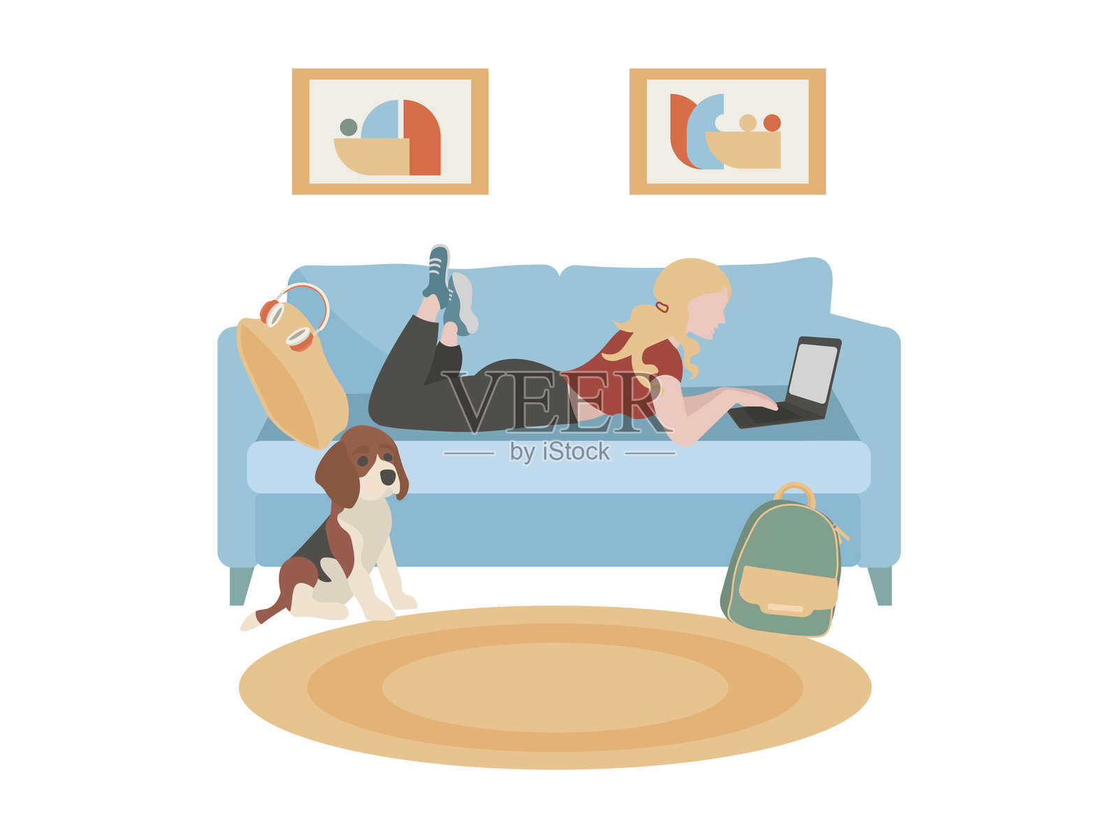 房间里使用笔记本电脑的少女插画图片素材