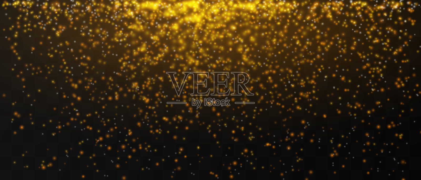 明亮的金色粒子轻轻地落在黑色背景上,营造出一种神奇而节日的氛围。透明背景上的闪烁粒子。带有光晕的光线。插画图片素材