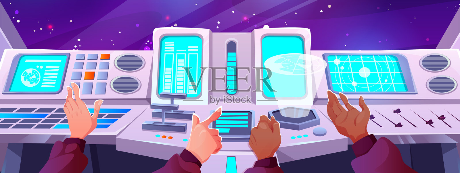 宇宙飞船驾驶舱,双手放在控制面板上。插画图片素材