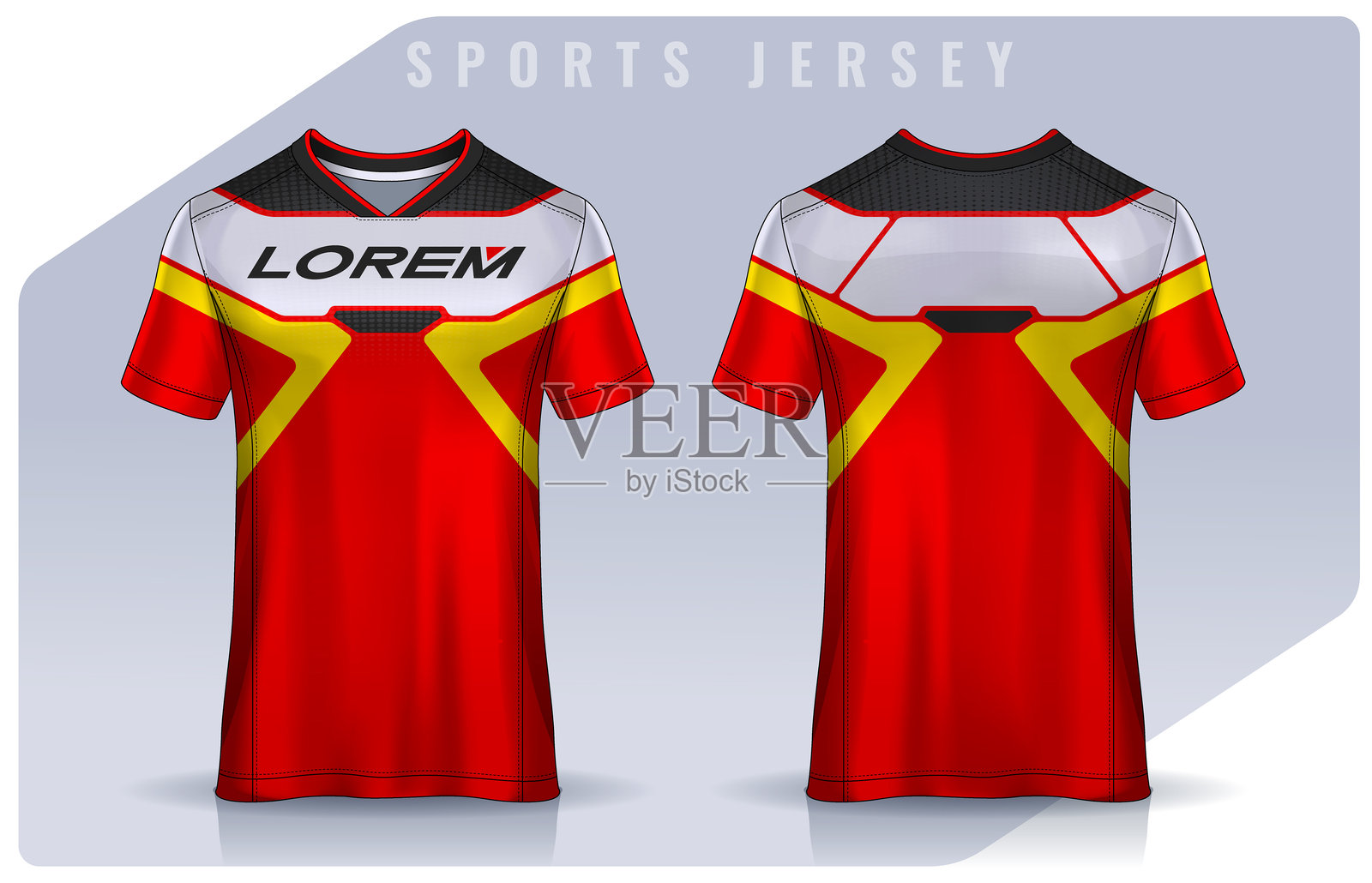 运动T恤设计模板,足球俱乐部的球衣样机。制服正面和背面视图。插画图片素材
