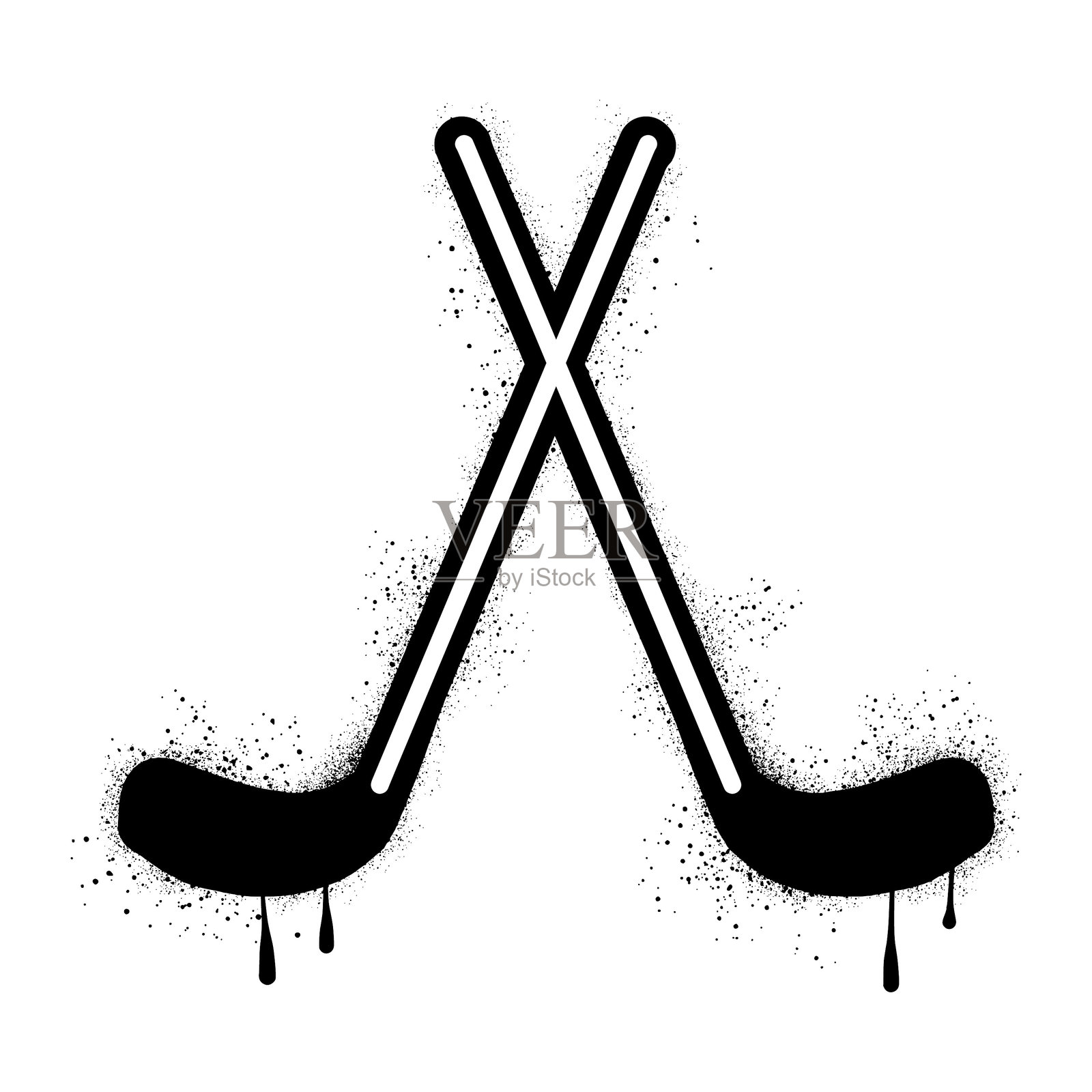 冰球棒涂鸦与黑色喷漆交错在一起插画图片素材