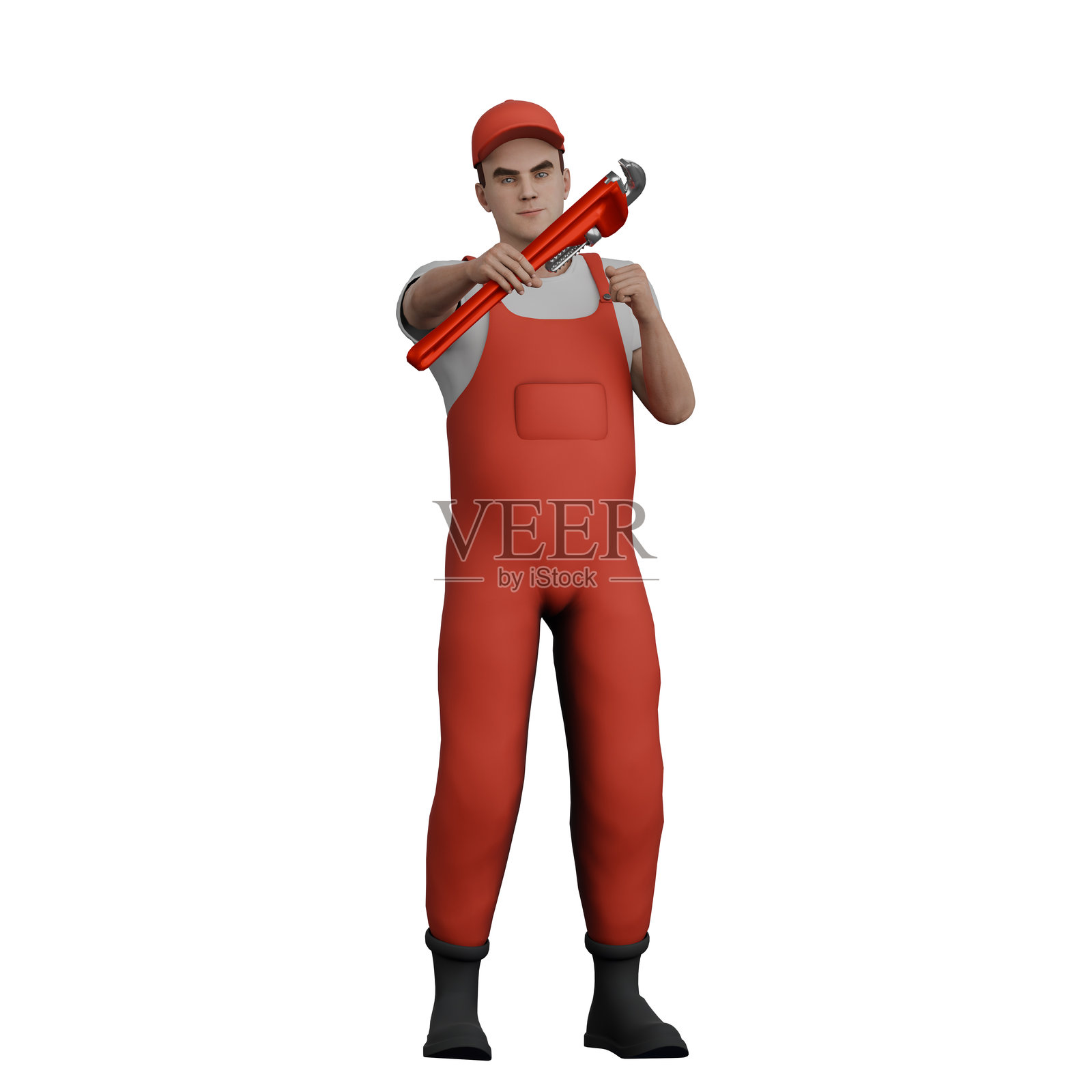 专业男性机械师。一个男性机械师左手握着扳手,右手握拳放在胸前。3D机械师卡通形象。照片摄影图片