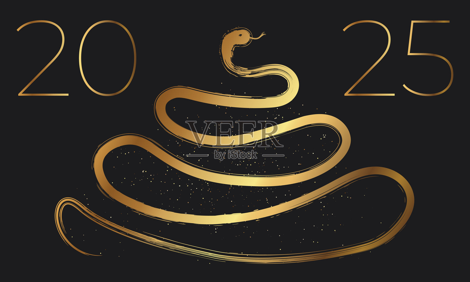 2025年蛇年快乐,金色闪耀风格,背景为深色。2025年新年快乐,蛇生肖。中国风2025年蛇年。抽象2025。奢华金色海报。插画图片素材