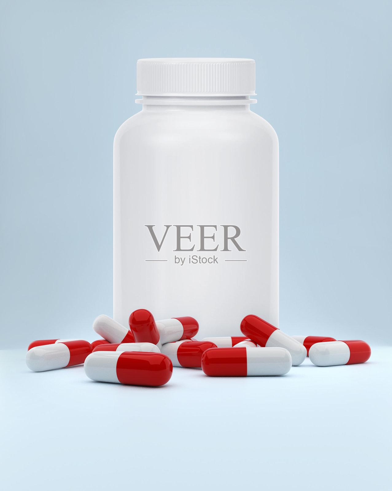 白色空瓶与洒落的药丸在蓝色背景上。药房、医疗保健、药物、维生素和膳食补充剂的概念。照片摄影图片