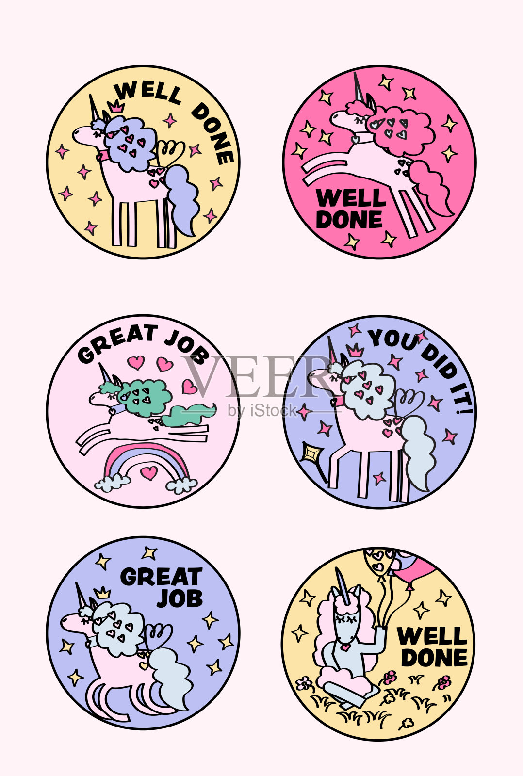 独角兽贴纸,表扬作业完成得很好,鼓励徽章套装以庆祝学生的努力。插画图片素材