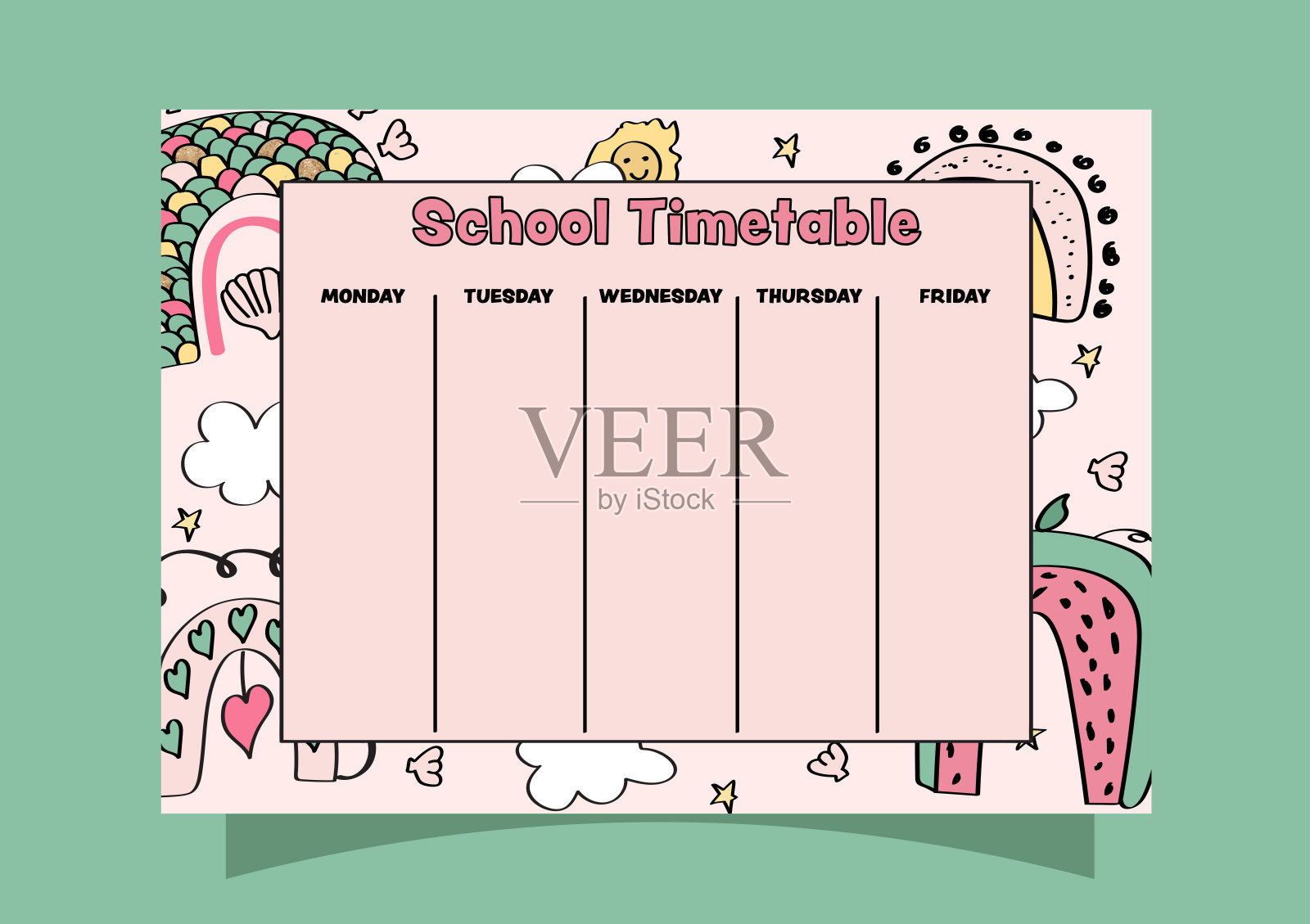 带有波西米亚彩虹的每日和每周学校时间表。适用于小学和初中的学校日程安排。插画图片素材