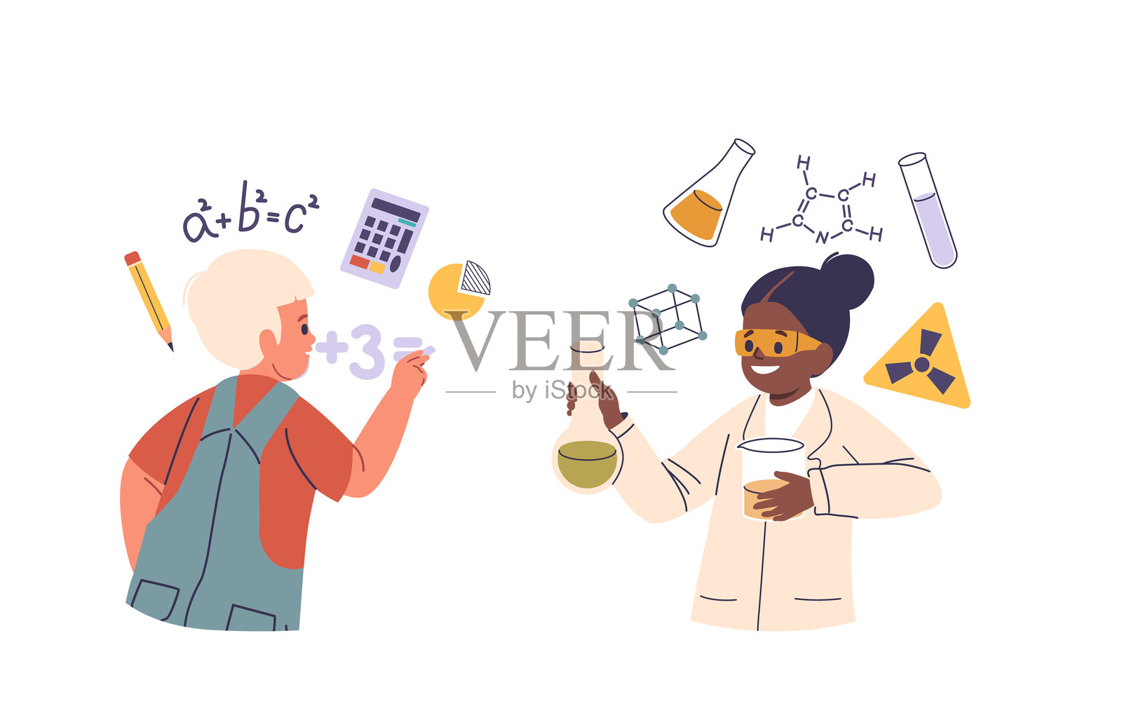 学生们通过公式和计算器的插图展示对数学和科学的好奇心插画图片素材