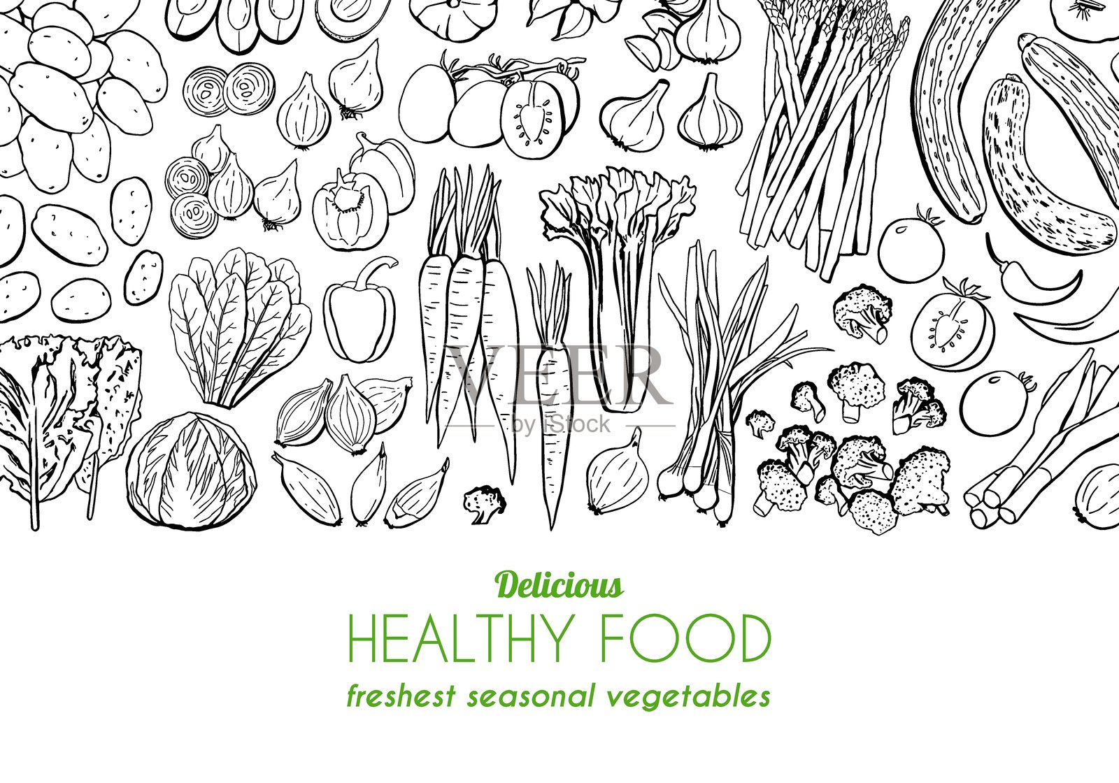 手绘健康食品菜单模板。矢量轮廓插图插画图片素材