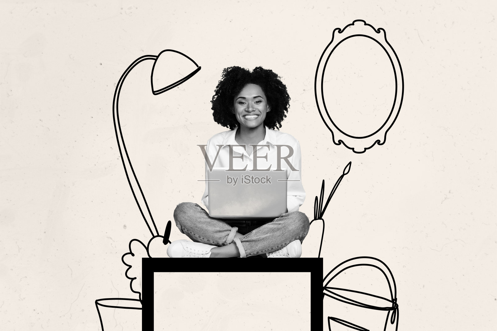 创意拼贴画,年轻快乐的女性微笑着使用笔记本电脑,数字设备,现代科技,自由职业者,远程工作者照片摄影图片