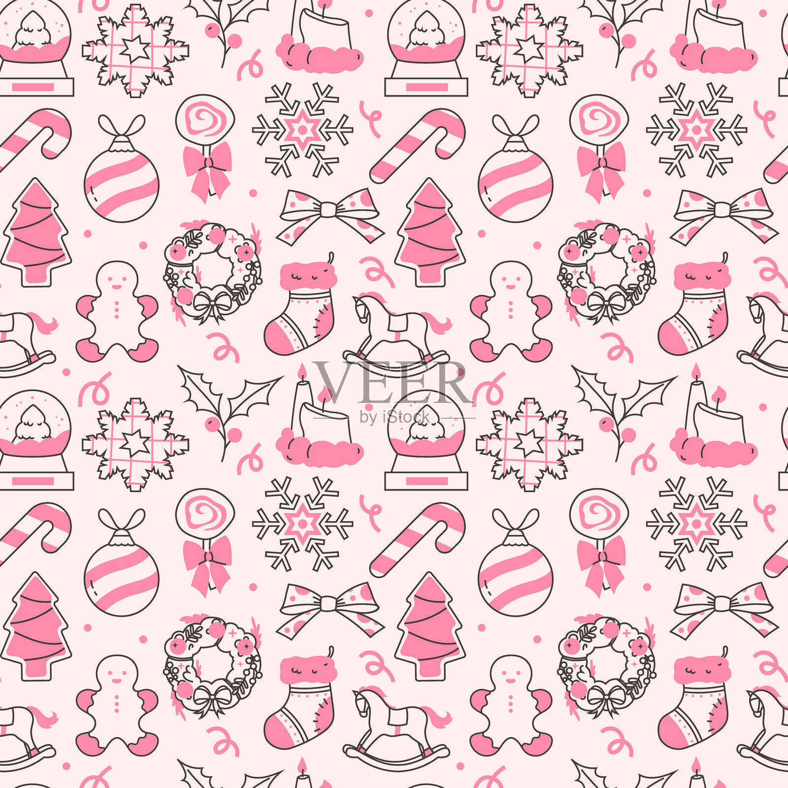 无缝的圣诞涂鸦元素图案,填充粉色插画图片素材
