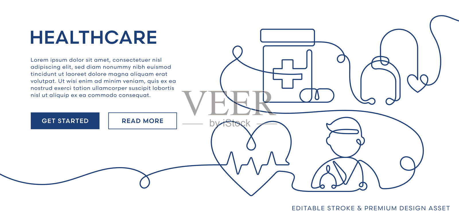 医疗插图。医生、心脏、药瓶和听诊器的连续线条艺术插画图片素材
