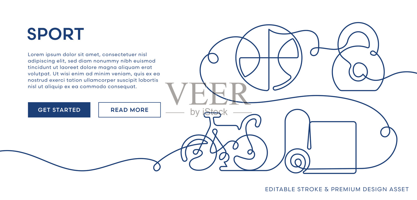 健身与运动插图。连续线条艺术的自行车、球、壶铃和器材插画图片素材