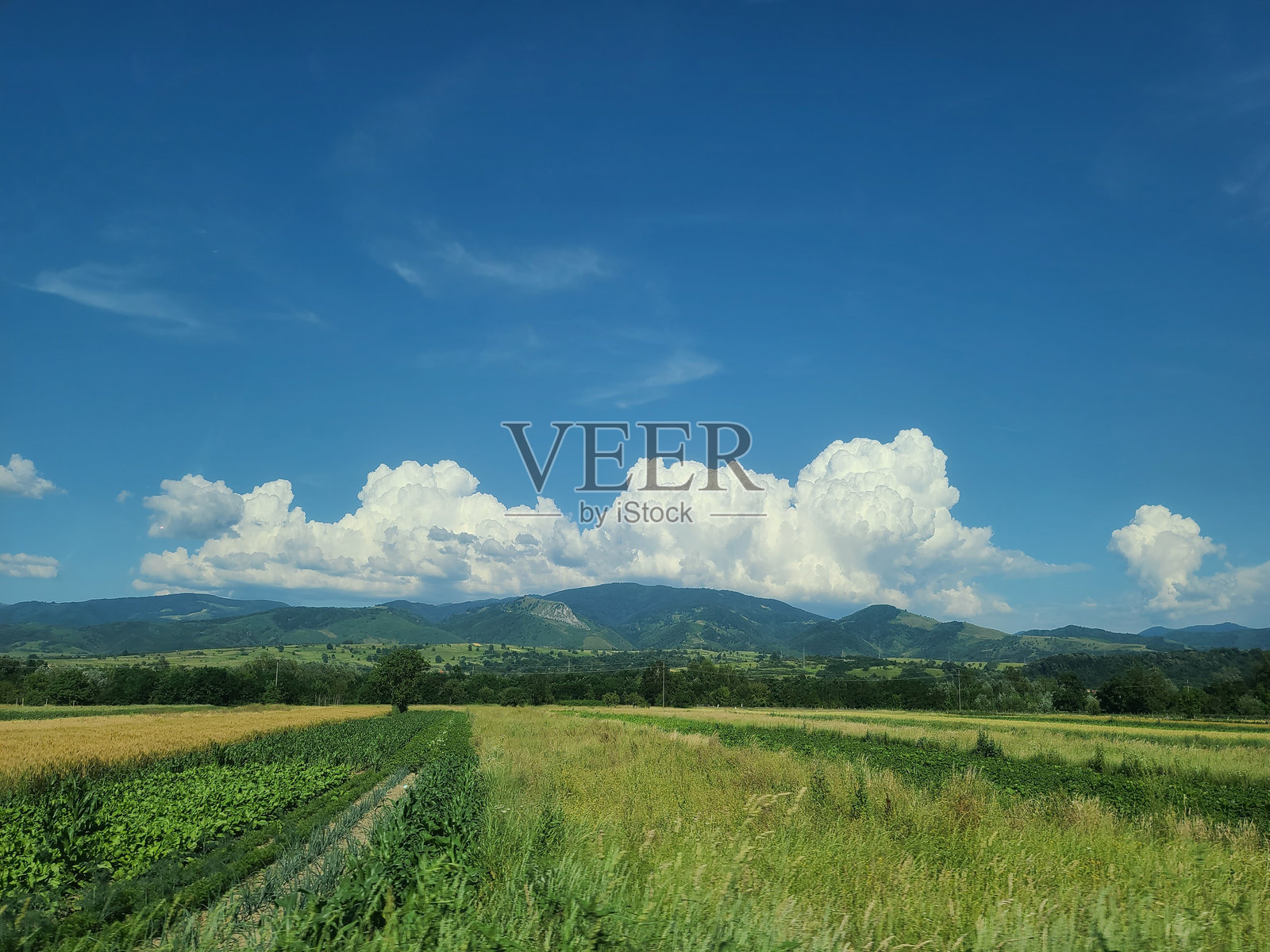 风景如画的田野与山脉照片摄影图片