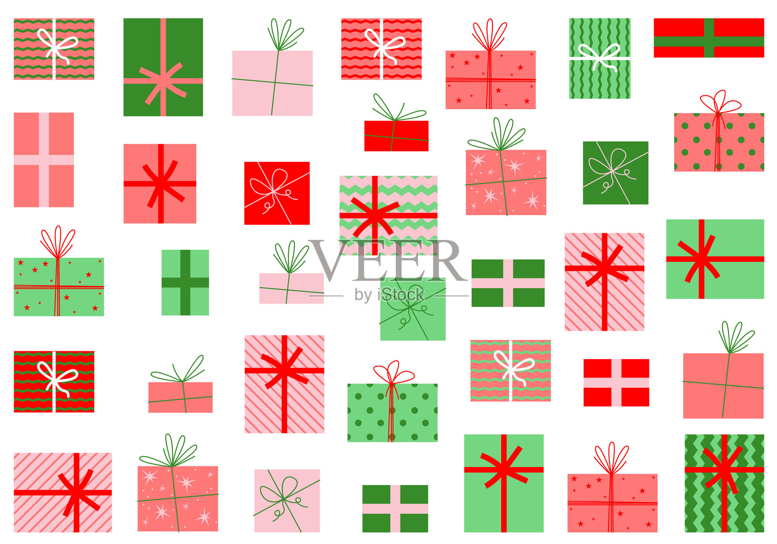 节日设计的礼品盒套装和集合。礼品盒图标,白色背景。矢量插图。生日、新年和圣诞节符号。插画图片素材
