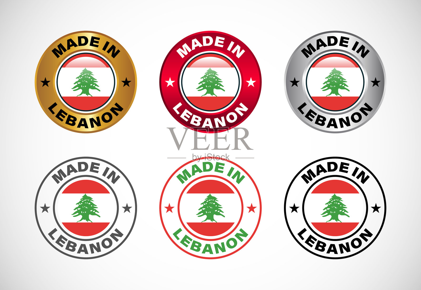 黎巴嫩制造标签图标,带有国旗。适用于商业、徽章、印章、贴纸、标志和符号的图标集。插画图片素材