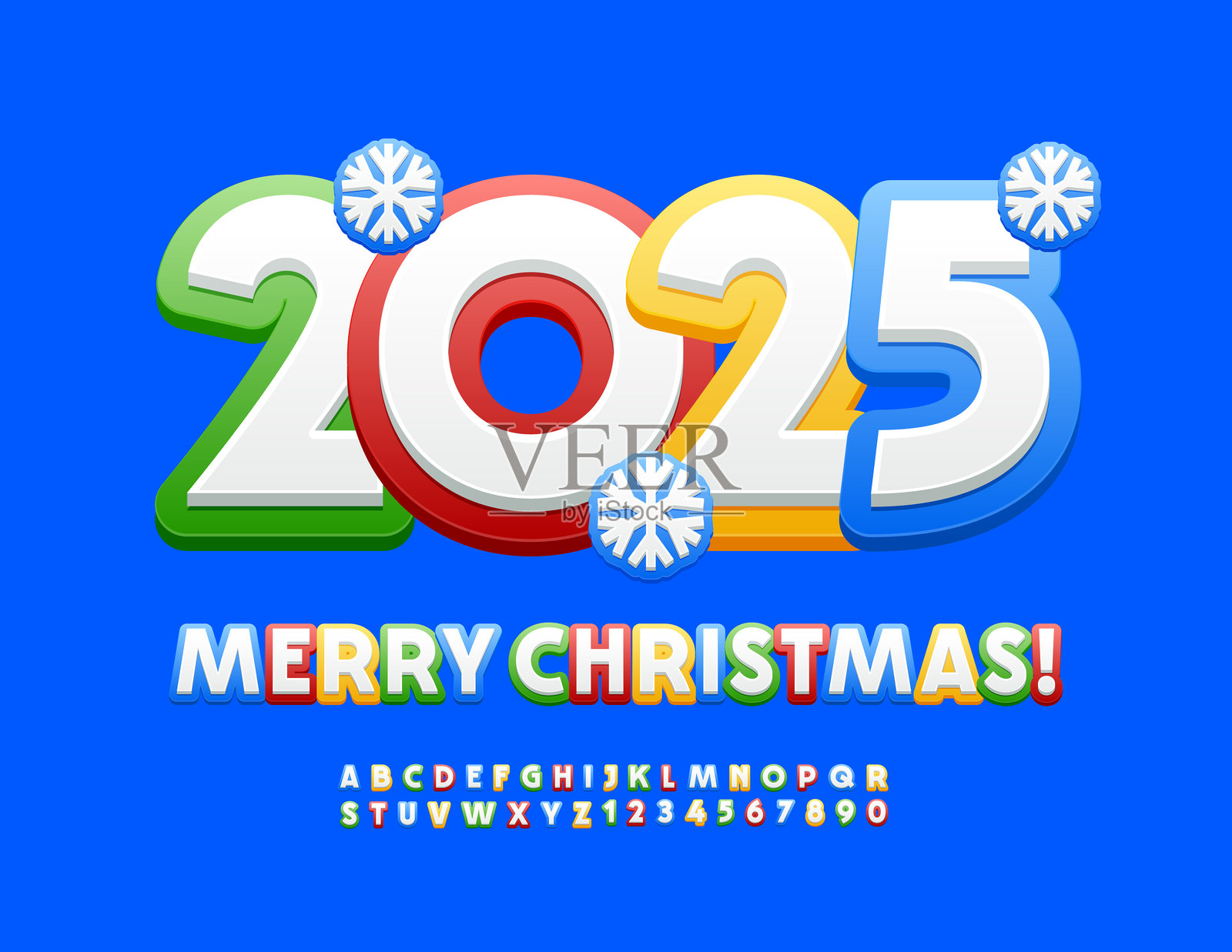矢量儿童贺卡,祝您圣诞快乐2025!儿童彩色字母和数字组合插画图片素材