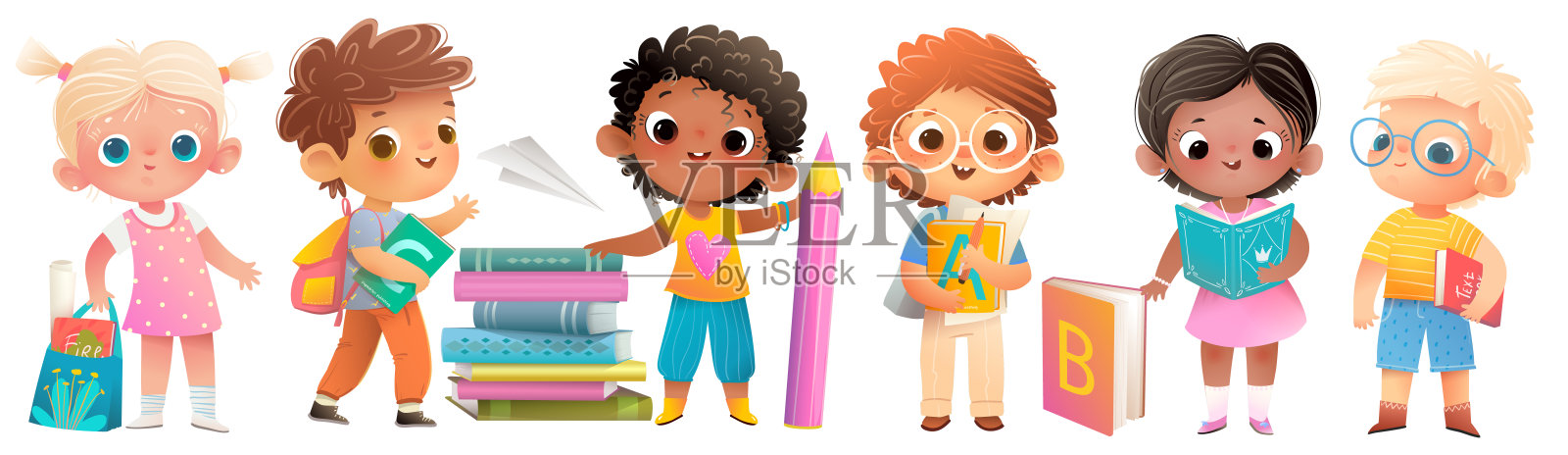 儿童教育与学校孩子们阅读书籍插画图片素材