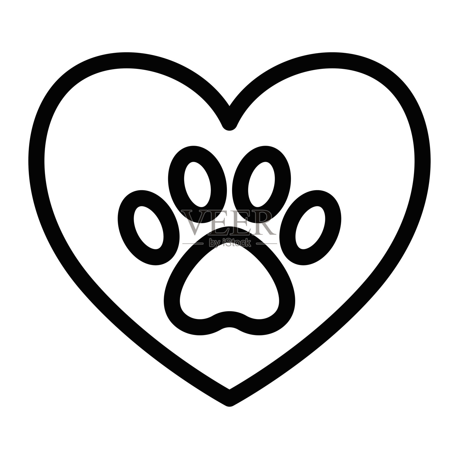心形轮廓内有一个爪印,代表宠物护理和对动物的爱。矢量插图。可编辑的线条。插画图片素材