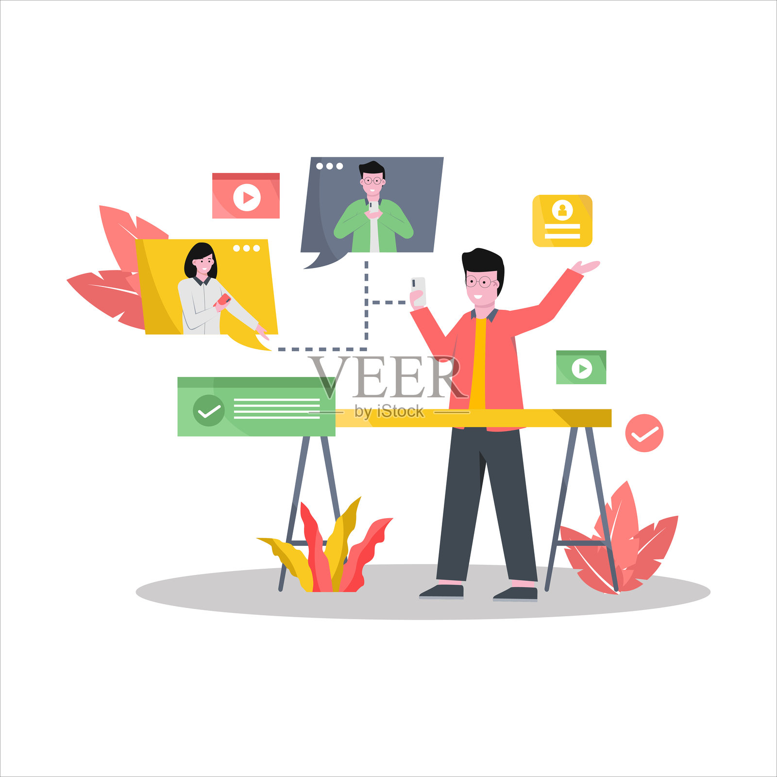 平面矢量插图展示使用平板电脑、智能手机和笔记本电脑进行在线会议的场景插画图片素材