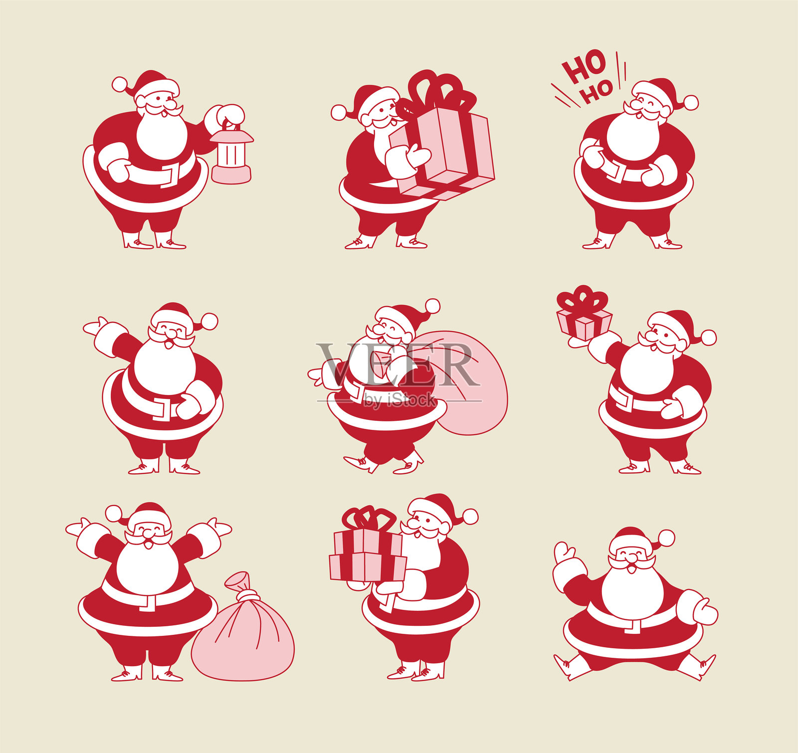 圣诞老人矢量2D角色集,圣诞节和新年概念插画图片素材