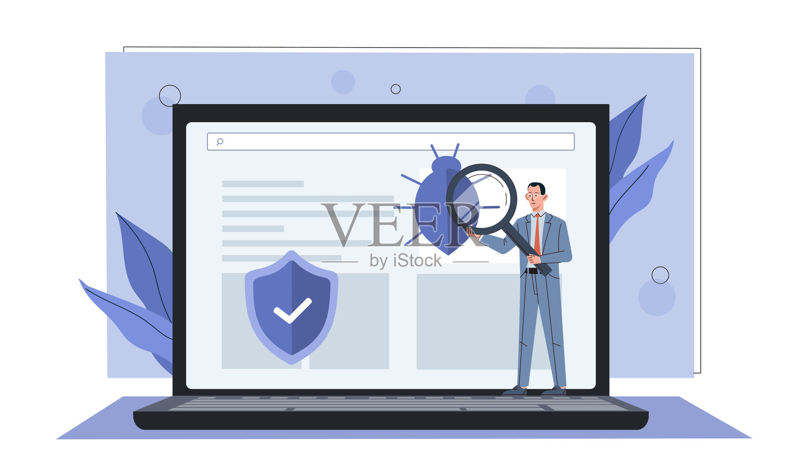 带有计算机病毒的男人。年轻人用放大镜研究笔记本电脑屏幕上的漏洞。互联网的危险。计算机安全与保护。扁平化矢量插图。插画图片素材