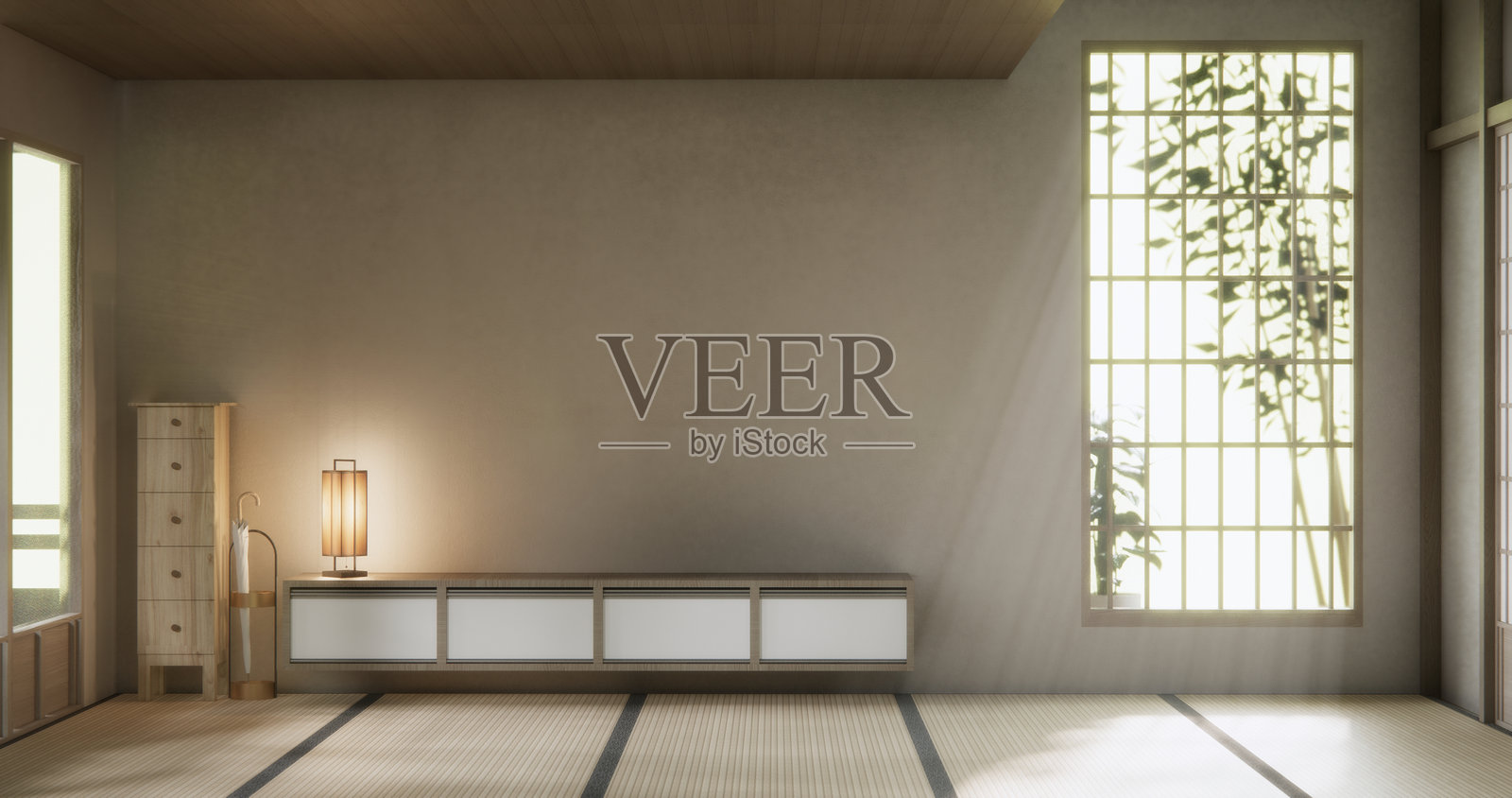 现代日本榻榻米空房间,传统风格的室内设计,3D渲染图。照片摄影图片