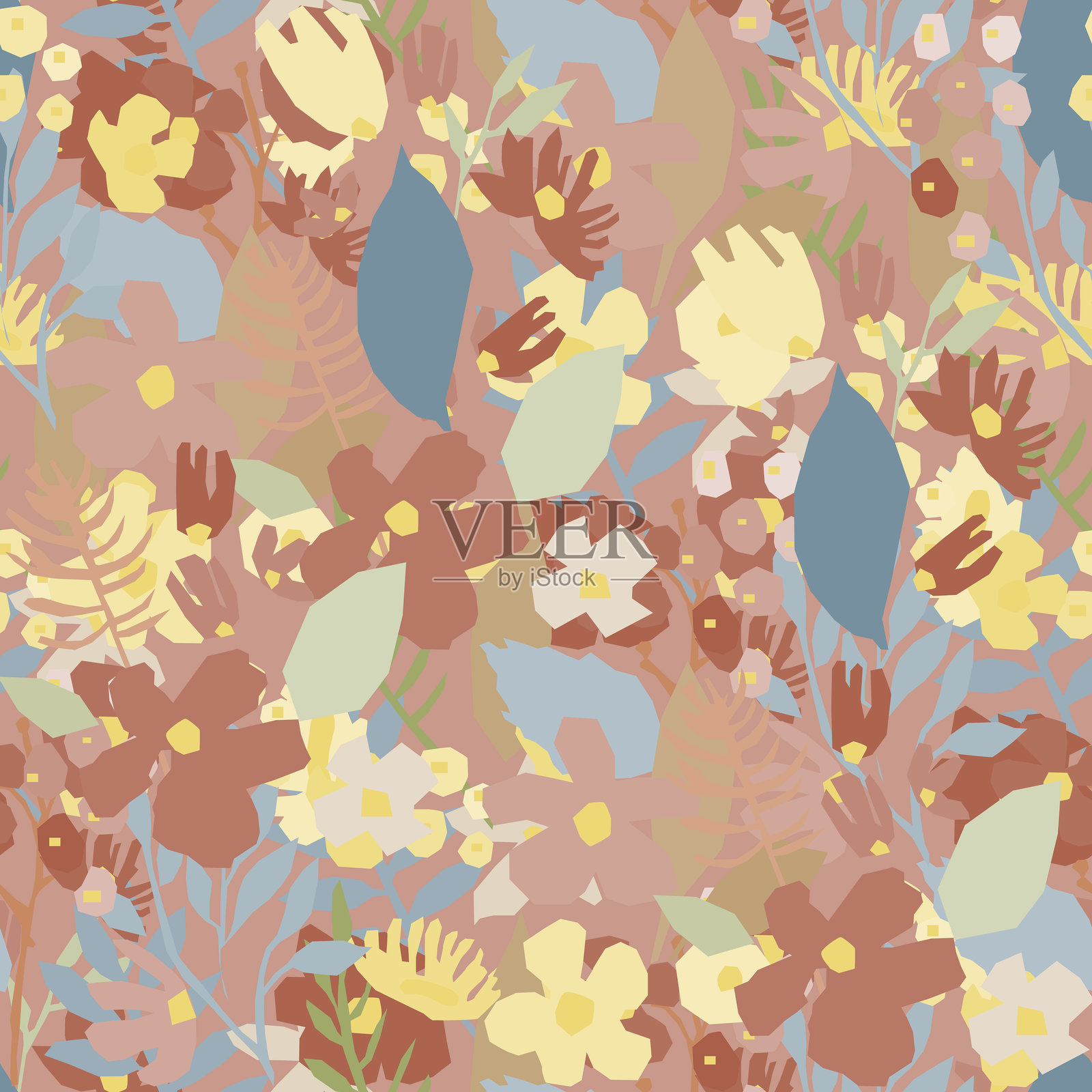 无缝花卉图案,背景为珊瑚粉色,包含花朵和叶子。花卉矢量图。插画图片素材