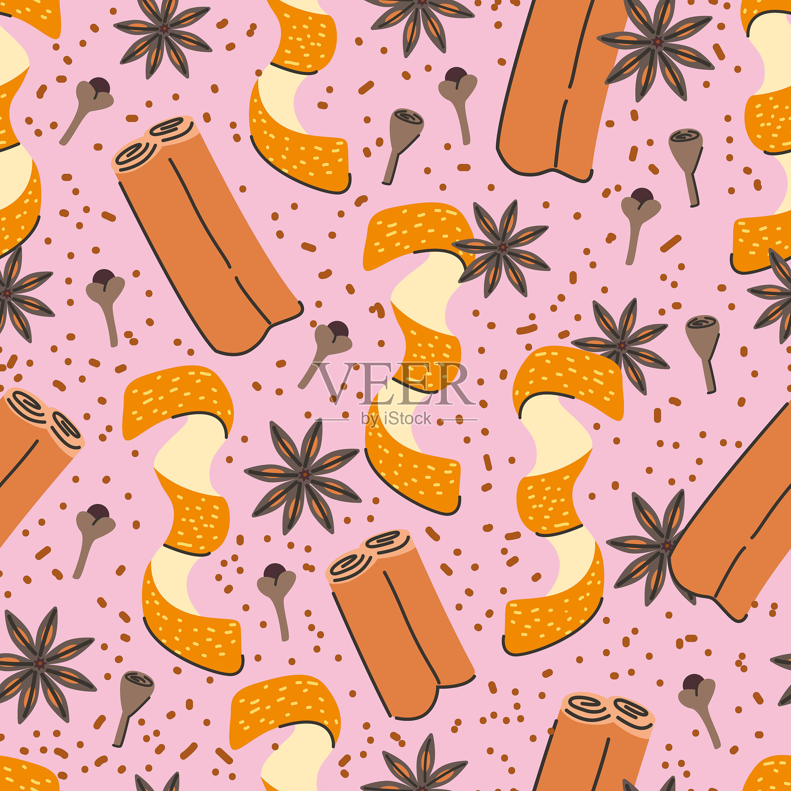 无缝的圣诞香料图案。插图中有八角星、肉桂、柠檬皮和丁香。粉色背景上的圣诞饮品成分。照片摄影图片