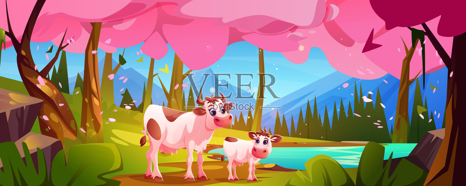 山谷中的母牛和小牛插画图片素材