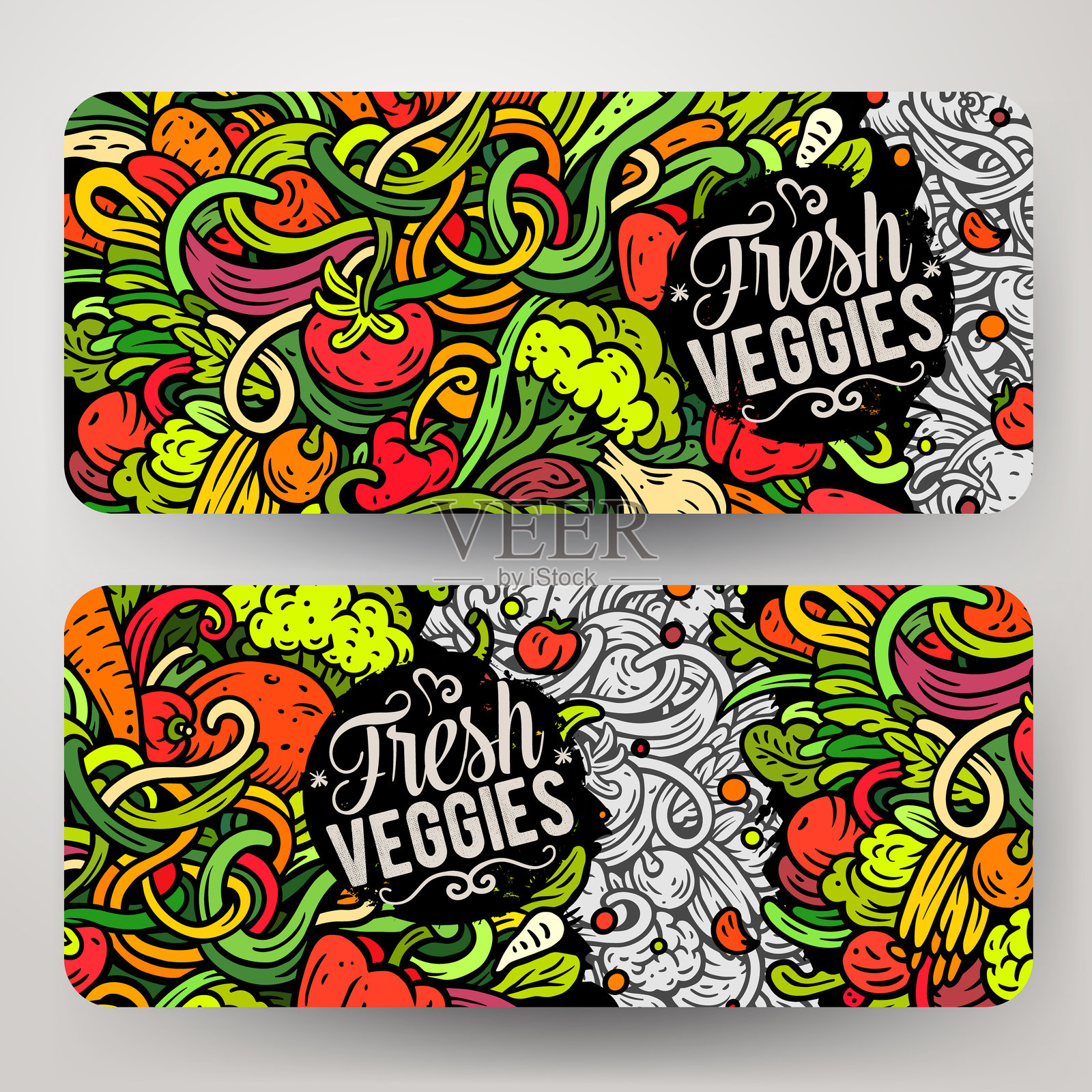 新鲜蔬菜横幅的卡通矢量涂鸦集插画图片素材